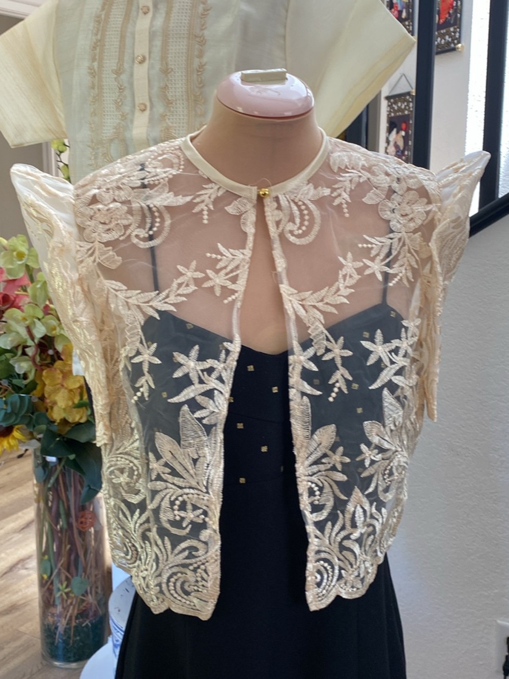 Filipiniana Sheer Embroidered Ivory Lace Capelet - Women Tops